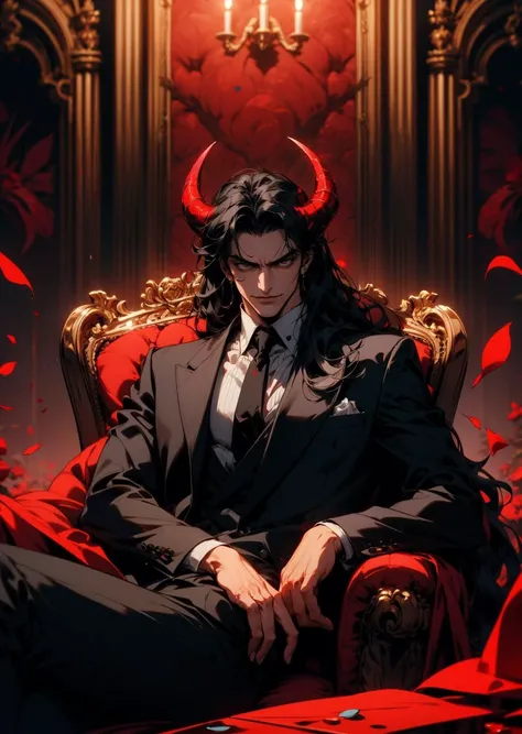 masterpiece, best quality, 1man, male focus, handsome, man with long black hair, sitting on a luxurious chair, smirk, evil stare, devil, full black suit, black tie, red horns, black and red roses, rose petals floating