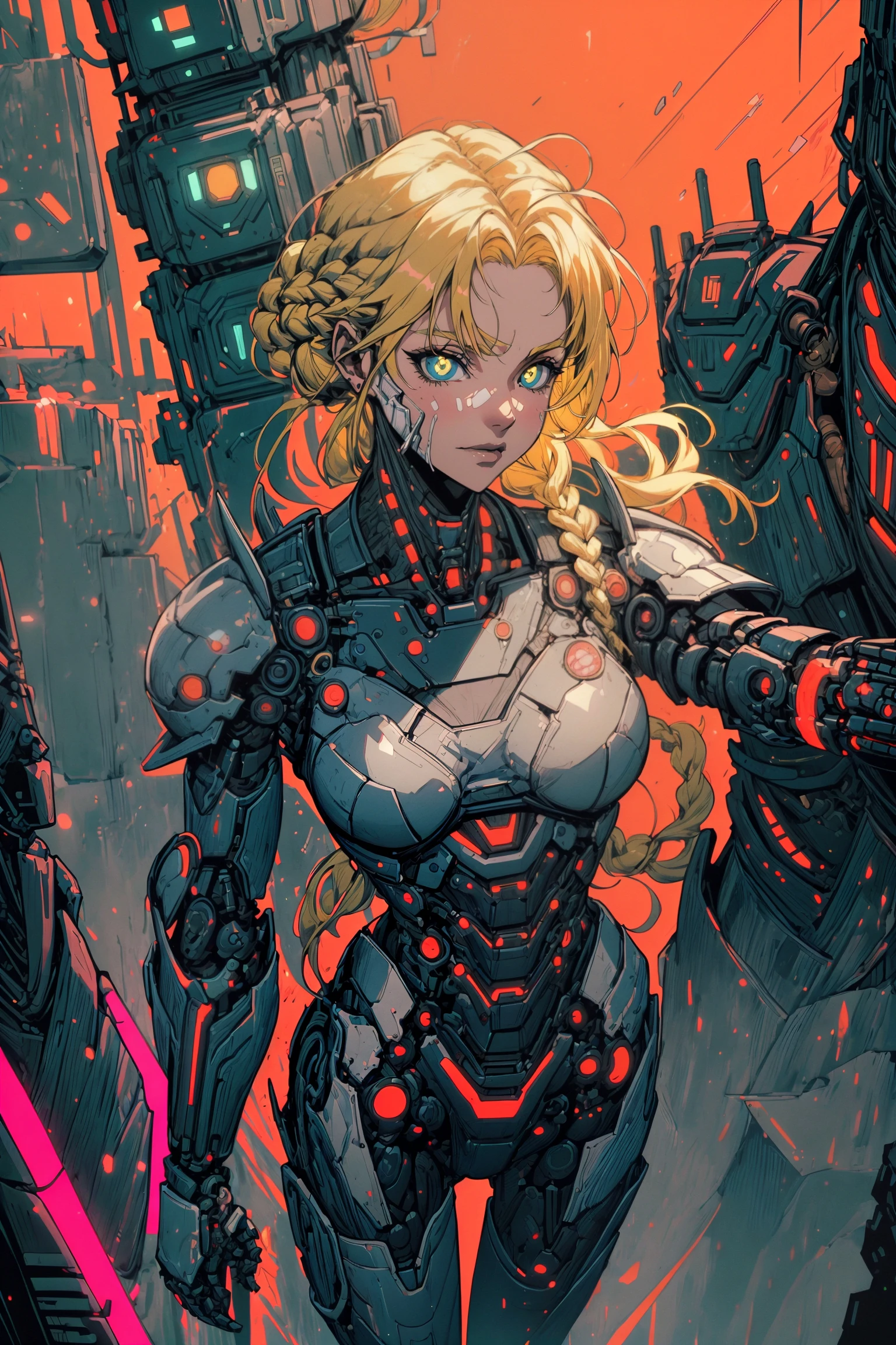 (masterpiece, best quality, detailed, vibrant colors, fluorescent), horror, biopunk, (classical), anime, (bright), (solo), woman, (dynamic angle), (robot arms), robot legs, golden armor, braids, braided hair, blonde, injured, hurt, Cyberpunk_Anime, d4rk4rt artstyle, <lora:Cyberpunk_Anime-10:0.6> <lora:Dark_Art:0.6>