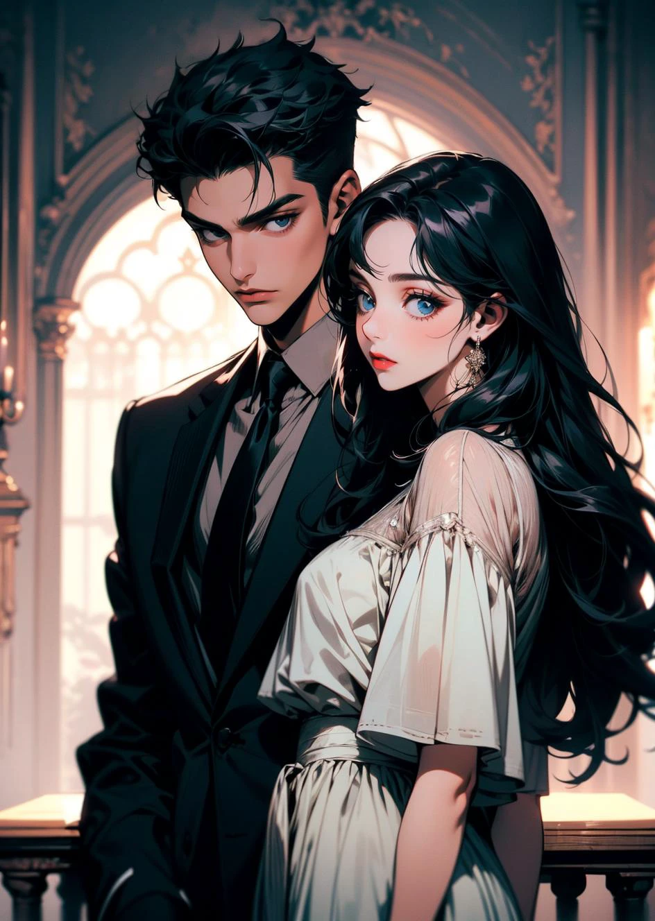 (a cool boy with black hair, black eyes and wearing black suit and a girl with white long hair, blue eyes are lover