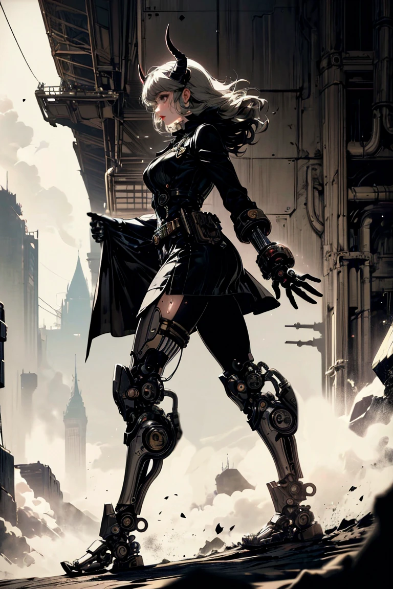 (masterpiece, best quality, detailed, limited palette), occult, (dieselpunk), steampunk, baroque, (dark), (solo), profile, (dynamic angle), demon girl, demon horns, android, (mechanical legs), prosthetic torso, (prosthetic limbs), <lora:Horror_Ink_Style-000008:0.7>