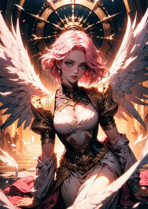 absurdres, (best quality:1.1), (masterpiece:1.2), beautiful detailed, (wide landscape, 8k), depth of field, highres, beautiful and aesthetic, High quality, beautiful, (zentangle, mandala, tangle, entangle:0.6), magical, pink hair, angel wings