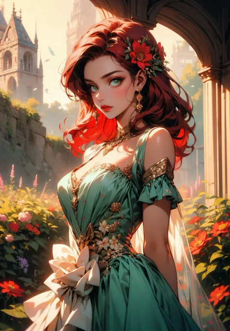 a captivating woman adorned in a vibrant dress crafted from an array of colorful flowers. Emphasize her striking red hair and mesmerizing green eyes. Create intricate floral hair ornaments, showcasing a harmonious blend of diverse blooms. Surround her with a lush, immersive floral background, rich in detail and vivid hues, providing an ethereal atmosphere. Ensure the composition exudes beauty, grace, and the essence of a blooming garden.,flower dress