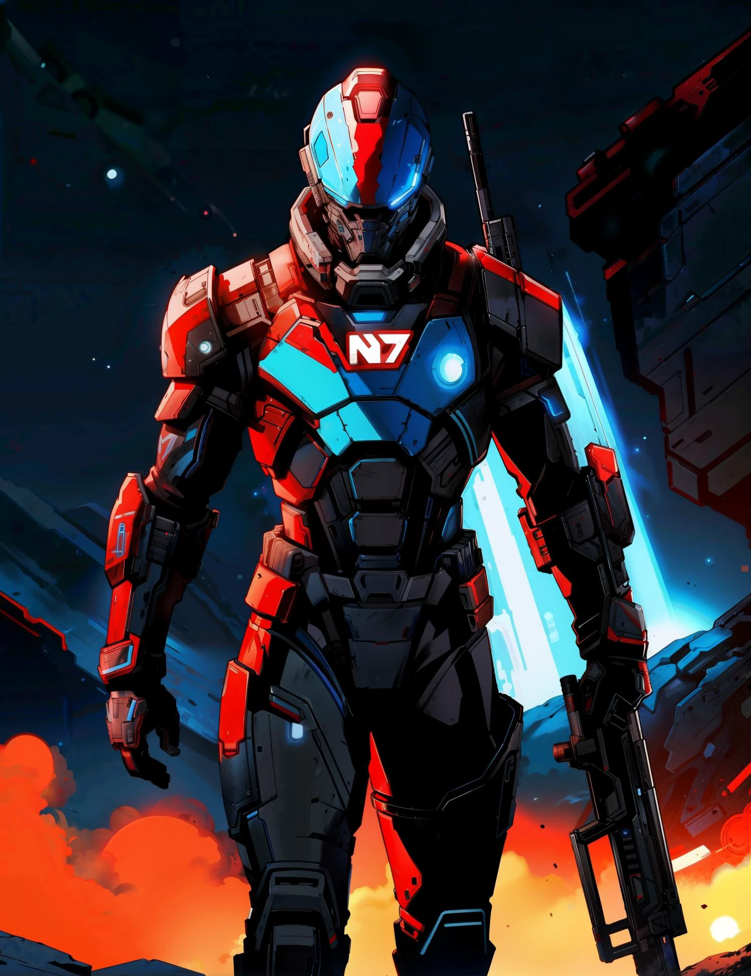 photo midshot (Mass Effect) -n7armor:0.6> n7armor, wearing, helmet, background, planet, rifle