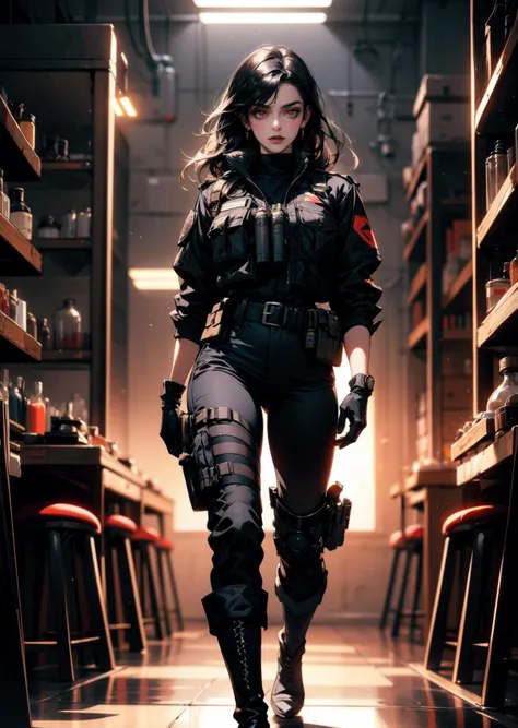 bokeh f1.8, ((bokeh light)), good anatomy, good eyes, masterpiece, cinematic light, {{depth of field}}, hyper detailed,1 woman patrolling a dark lab, long black hair, tall, mature adult, long black jacket, detailed red eyes, ballistic tactical vest, tall boots, belts around pants, gloves, dark lighting, realism