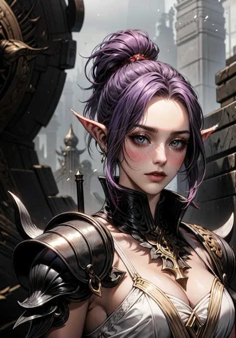 Warrior of light as a female au ra with unique style, 1girl, ((onyx grey skin)), (au ra), horns below ears, (dark)-skinned female, warrior of light (ff14), purple hair, [red hair], short hair, ponytail, pointy ears, (scales on cheeks), [blush], solo, [Shyvana], best render, masterpiece, best quality, fantasy war scenery