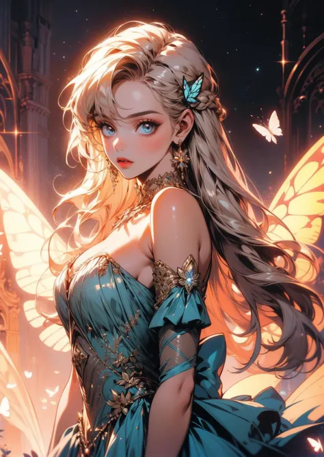 official art, unity 8k wallpaper, ultra detailed, masterpiece, best quality, 1 girl, solo, magical fairy with long hair and with a long shiny galaxy dress, beautiful diamond wings and butterfly earrings