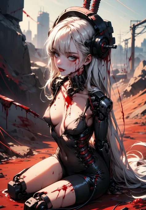 absurdres, weird atmosphere, (best quality:1.1), (masterpiece:1.2), high quality shadow, beautiful detailed, (high detailed skin, skin details), (wide landscape, 8k), depth of field, highres, best illumination, 1girls, single girl, (very sexy), outdoors, blurry background, HD hair, cleavage, beautiful face, perfect skin, long hair, white hair, very small breasts, ((1mechanical girl)), solo, full body, (machine made joints:1.2), ((mechanical limbs)), (blood vessels connected to tubes), (mechanical vertebra attaching to back), ((mechanical cervial attaching to neck)), (wires and cables attaching to neck:1.2), (wires and cables on head:1.2)(character focus), science fiction, white background, wired-hair, cable hair, hugging own legs, (blood:1.5)