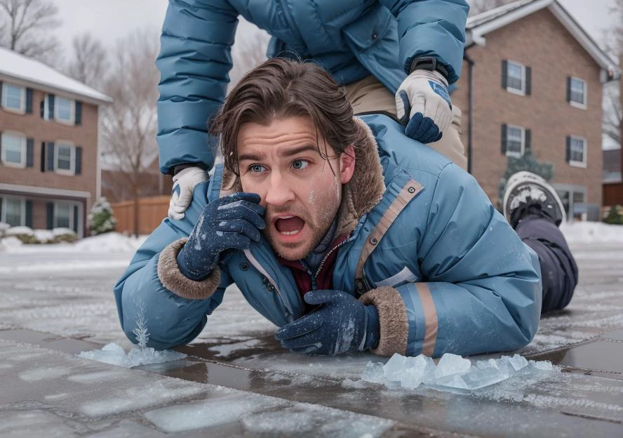 a photo of a man slipping and falling on frozen pavement, boots, gloves <lora:BetterFeet:1> shock512, detailed skin texture, (blush:0.2), (goosebumps:0.3), subsurface scattering