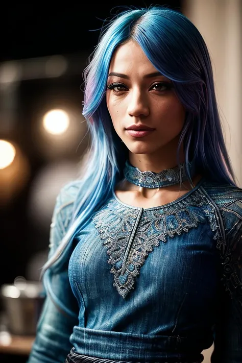 beautiful woman (S4sh4B4nks:.99), brightly blue dyed hair :1.2, gem encrusted jewellery, ((portrait)), (closeup:1.2), ((from the waist up)), (((  An innovative 3D printing caf, allowing customers to design and print customized food and beverages :1.2 ))), natural skin texture,  (( Tunic blouse and high-waisted jeans :1.2)), 24mm, 4k textures, soft cinematic light, adobe lightroom, photolab, hdr, intricate, elegant, highly detailed, sharp focus, ((((cinematic look)))), soothing tones, insane details, intricate details, hyperdetailed, low contrast, soft cinematic light, exposure blend, hdr, faded, now, ("I've got a bad feeling about this.":1.1)
