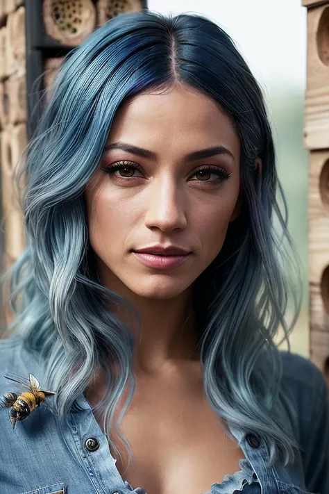 beautiful woman (S4sh4B4nks:.99), brightly blue dyed hair :1.2, gem encrusted jewellery, ((portrait)), (closeup:1.2), ((from the waist up)), ((( An innovative urban bee hotel, providing habitats for native bee species and promoting pollinator conservation :1.2 ))), natural skin texture, (( Slouchy jeans and ruffled top :1.2)), 24mm, 4k textures, soft cinematic light, adobe lightroom, photolab, hdr, intricate, elegant, highly detailed, sharp focus, ((((cinematic look)))), soothing tones, insane details, intricate details, hyperdetailed, low contrast, soft cinematic light, exposure blend, hdr, faded, now, ("I've got a bad feeling about this.":1.1)