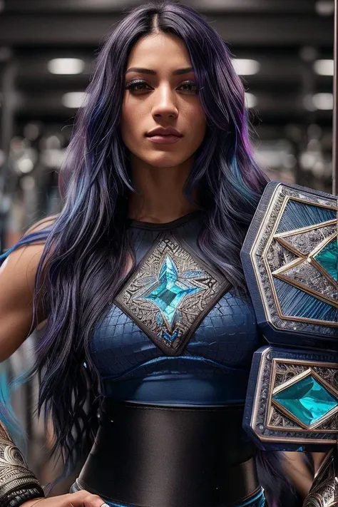 beautiful woman (S4sh4B4nks:.99), ((dark blue dyed hair:1.2)), gem encrusted jewellery, ((portrait)), ((posing for a picture in a gym:1.3)), (closeup:1.2), ((from the waist up)), (with a serious look on her face), ((( wearing a black spandex top :1.4 ))), ((with a wrestling belt over her shoulder:1.2)) natural skin texture, 24mm, 4k textures, soft cinematic light, adobe lightroom, photolab, hdr, intricate, elegant, highly detailed, sharp focus, ((((cinematic look)))), soothing tones, insane details, intricate details, hyperdetailed, low contrast, soft cinematic light, exposure blend, hdr, faded, now, ("I've got a bad feeling about this.":1.1)