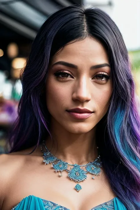 beautiful woman (S4sh4B4nks:.99), brightly blue dyed hair :1.2, gem encrusted jewellery, ((portrait)), (closeup:1.2), ((from the waist up)), ((( A vibrant multicultural food market, featuring diverse cuisines and culinary traditions from around the world :1.2 ))), natural skin texture, (( Chiffon dress :1.2)), 24mm, 4k textures, soft cinematic light, adobe lightroom, photolab, hdr, intricate, elegant, highly detailed, sharp focus, ((((cinematic look)))), soothing tones, insane details, intricate details, hyperdetailed, low contrast, soft cinematic light, exposure blend, hdr, faded, now, ("I've got a bad feeling about this.":1.1)