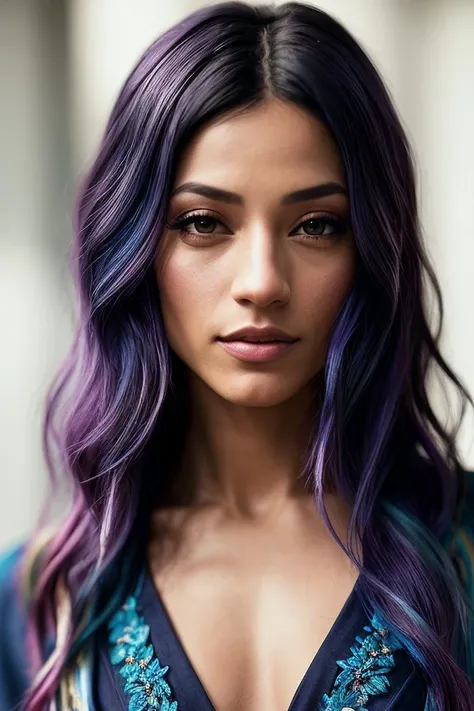 beautiful woman (S4sh4B4nks:.99), brightly blue dyed hair :1.2, gem encrusted jewellery, ((portrait)), (closeup:1.2), ((from the waist up)), ((( A sustainable fashion rental service, allowing customers to borrow and exchange designer clothing and accessories :1.2 ))), natural skin texture, (( Kimono-style top and skinny jeans :1.2)), 24mm, 4k textures, soft cinematic light, adobe lightroom, photolab, hdr, intricate, elegant, highly detailed, sharp focus, ((((cinematic look)))), soothing tones, insane details, intricate details, hyperdetailed, low contrast, soft cinematic light, exposure blend, hdr, faded, now, ("I've got a bad feeling about this.":1.1)