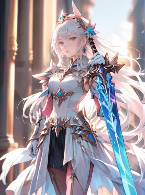 1girl, Arcana, armor, bangs, blurry, blurry background, blush, breasts, closed mouth, dress, earrings, feet out of frame, gauntlets, grey eyes, hair ornament, holding, holding sword, holding weapon, jewelry, long hair, looking at viewer, medium breasts, pantyhose, shoulder armor, solo, standing, sword, very long hair, weapon, white dress, white gloves, white hair
<lora:Arcana_XL:0.65>