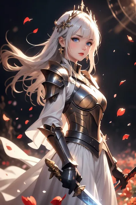 1girl, armor, armored dress, bangs, blue eyes, blush, breastplate, breasts, cowboy shot, dress, earrings, faulds, floating hair, flower, gauntlets, gem, glint, gloves, glowing, glowing sword, glowing weapon, hair ornament, holding, holding sword, holding weapon, jewelry, light particles, long hair, long sleeves, looking at viewer, medium breasts, parted lips, pauldrons, petals, shoulder armor, single pauldron, solo, sparkle, standing, swept bangs, sword, vambraces, weapon, white dress, white hair
 <lora:Arcana_SD15:0.65>