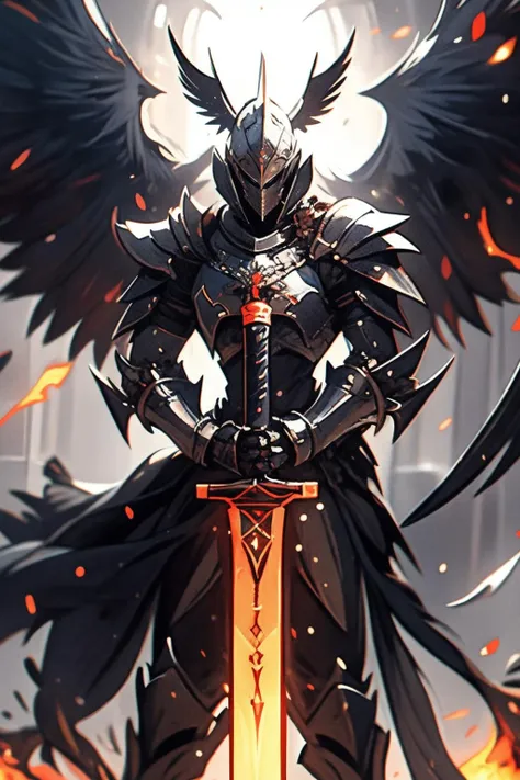 1boy, Arcana, armor, black wings, breastplate, embers, full armor, gauntlets, glowing, greaves, helmet, holding, holding sword, holding weapon, knight, male focus, pauldrons, shoulder armor, solo, standing, sword, weapon, wings
<lora:Arcana_SD15:0.65>