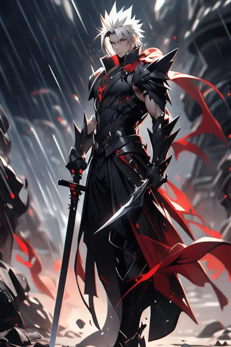 1boy, Arcana, armor, black armor, closed mouth, full body, gauntlets, holding, holding sword, holding weapon, male focus, planted, planted sword, rain, red eyes, shoulder armor, solo, spiked hair, standing, sword, weapon, white hair
<lora:Arcana_SD15:0.65>