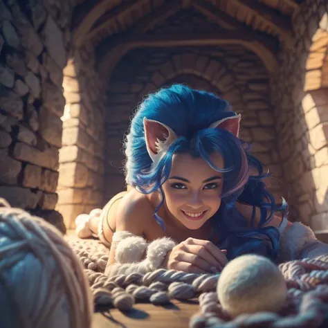 masterpiece, 8k, high quality photography of (Beautiful) (1girl), (animal hands), (detailed face), maximum details, (smiling), (face in FOCUS), (diffuse lighting:1.1), CANON EOS, (cinematic:1.2), (castle), (boket:1.2), <lora:felicia:1>, (chiaro scuro), (ISO 100:1.2), (lie down), (playing with ball of wool)