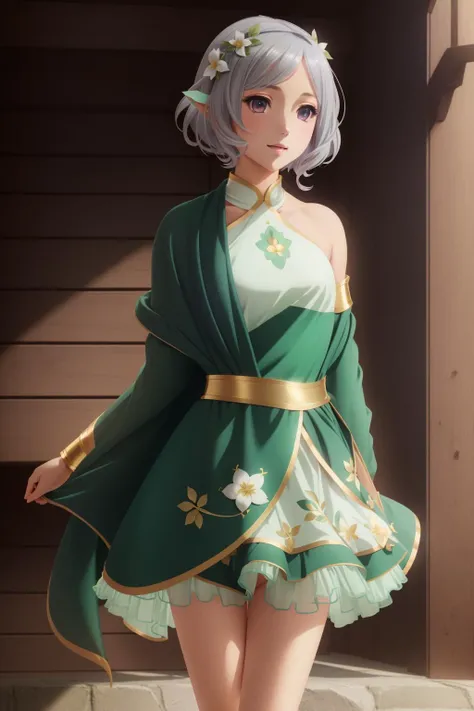 Kokkoro Dress, dress, detached sleeves,green cape,single bare shoulder <lora:ÐоккоÑо Princess Connect(Kokkoro,grey hair,short hair,antenna hair,pink eyes,hair flower,pointy ears,small breasts,flat(Ñм 2 Ð¾Ð´ÐµÐ¶Ð´Ñ Ð¿Ð»Ð°ÑÑе и кÑпалÑник):0.8>, Kokkoro,grey hair,short hair,antenna hair,pink eyes,hair flower,pointy ears,small breasts,flat <lora:yutamix-extra-twinkle:0.3> masterpiece, best quality, yutamix-extra-twinkle, (((masterpiece))), (((best quality))), (((illustration))), (((finely detail))), ((extremely detailed cg unity 8k wallpaper, highres)), (beautiful detailed face and eyes and hair:1.1), (an extremely delicate and beautiful girl:1.2), ultra-detailed, ultra high res, high quality, 4K, extreamly delicate and beautiful, full_body, standing, in full growth, hourglass waist