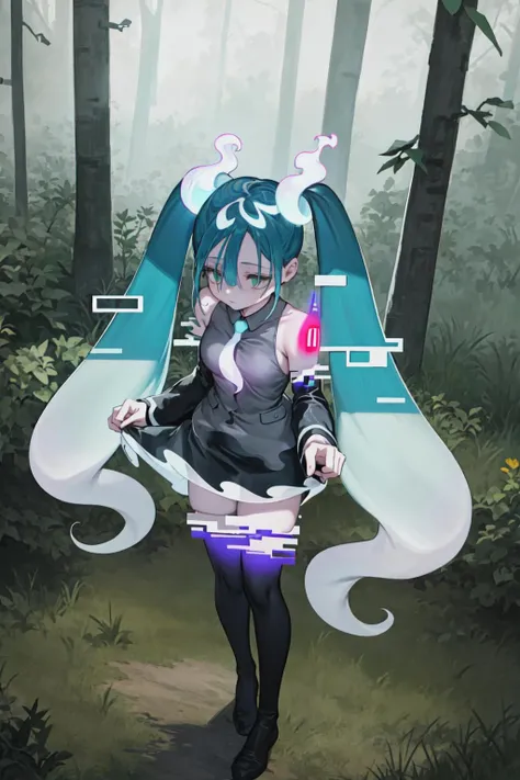 1girl, ghostmiku13, outdoors, fullbody, walking, grey dress, see-through skirt, thighhighs, pine forest, spooky forest, from above, turned sideways, looking up, masterpiece, beautiful lighting, <lora:ghostmiku_02-000012:1.0>