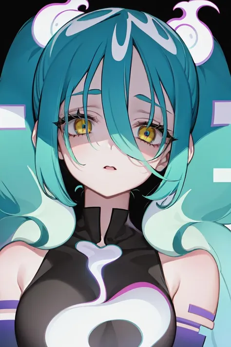 1girl, ghostmiku13, looking at viewer, hair between eyes, hair covering eyes, yellow eyes, portrait, <lora:ghostmiku_02-000012:1.0>