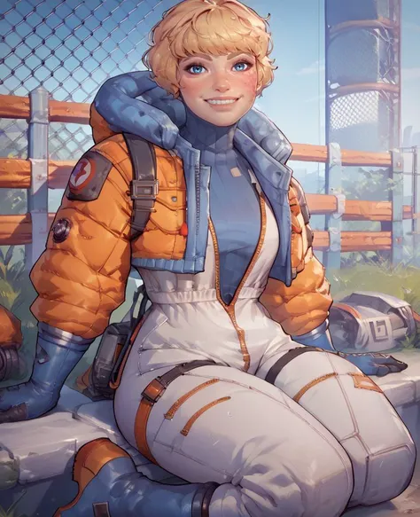 score_9,score_8_up,score_7_up,score_6_up,
wattsonxl,bangs,blue eyes,scar on face,
looking at viewer,
turtleneck,white Jumpsuit,orange jacket,boots,
sitting,
smile,teeth,
electric fence,scien fiction,<lora:wattson:1>,