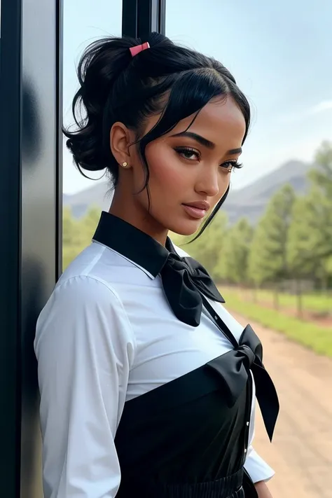 photo of (EPM4r1lynM3l0:0.99), 1girl, black bag, black bow, black bowtie, blue sky, bow, bowtie, closed mouth, collared shirt, day, eyelashes, from side, hair ornament, hairclip, highres, instrument case, light frown, long sleeves, looking at viewer, motion blur, outdoors, power lines, railing, shirt, short hair, sky, solo, train, upper body, white shirt,