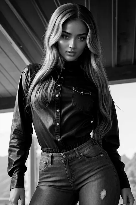 beautiful woman (EPM4r1lynM3l0:.99): tattoos, ominous, beautiful, shirt and jeans, hyperrealistic, by greg rutkowski, yoshitaka amano, ilya kuvshinov, Retina display, black and white photography, monochrome, Canon50,"In Jernau we trust"