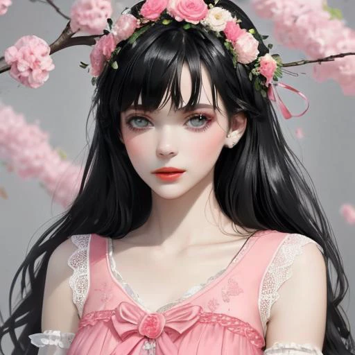 The best beauty.Wear a garland on your head,black hair, Pink. dress with lace.,<lora:佳人-000010:1>,absurdres,