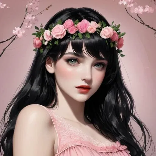 The best beauty.Wear a garland on your head,black hair, Pink. dress with lace.,<lora:佳人-000010:1>,absurdres,