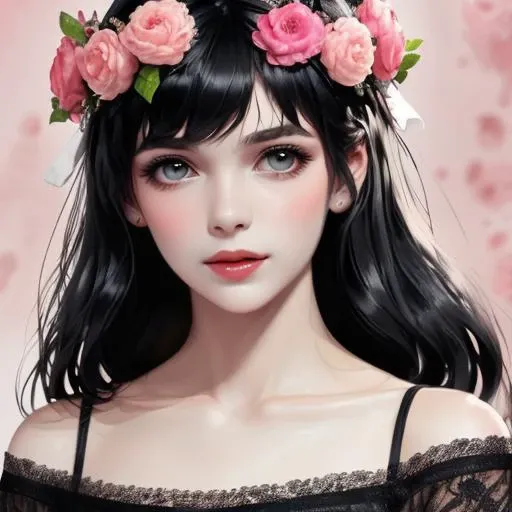 The best beauty.Wear a garland on your head,black hair, Pink. dress with lace.,<lora:佳人-000010:1>,absurdres,