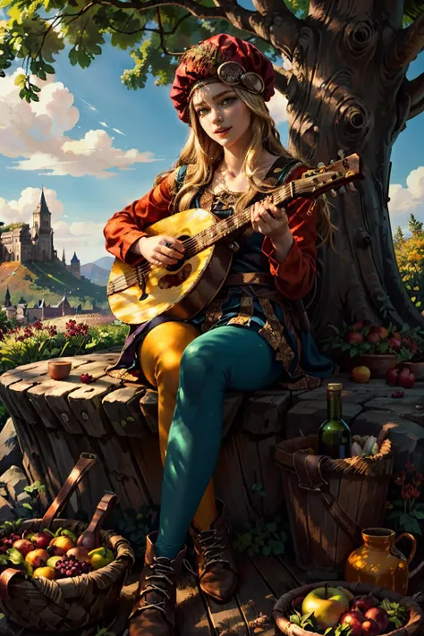 (masterpiece, top quality, best quality, official art, detailed:1.2), <lora:priscilla-20:0.7>, priscillaW3, 1girl, solo, long hair, open mouth, blonde hair, red hat, sitting, flower, blue pants, brown footwear, outdoors, food, sky, day, cloud, tree, cup, fruit, rose, leaf, bottle, grass, red flower, instrument, nature, alcohol, rock, mountain, music, apple, basket, mushroom, bread, wine, grapes, wine bottle, tree stump, lute (instrument)