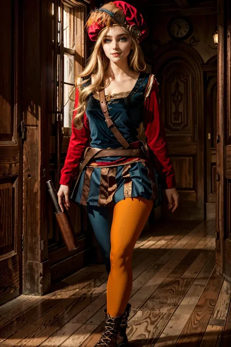1girl,, Emilia Clarke, smiling, beautiful, masterpiece, best quality, pantyhose,knee boots , standing