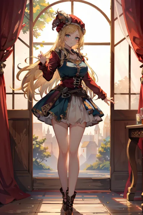Adult Woman, Long dark blonde wavy hair、White and red dress, Puffy nipple、(Long flared skirt),、beautiful tiara、耳Nipple Ring、Medium milk, cute smile face、Poses that emphasize the buttocks、(turned around)、sexy hips、Black High Heels、a castle yard、sexy pose、(((The skirt is rolled up by the wind)))、sexy yellow lace panties