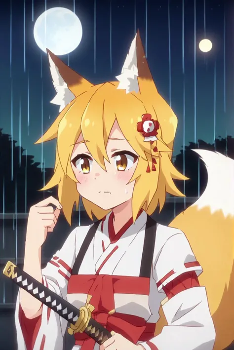 1 girl, top body, portrait, senko, miko clothes, fox tail, fox ears, exhausted face, night, holds katana, after fight, rain,, moon, thunder, exhausted, hair accessory, <lora:SenkoXL-000015:0.7>