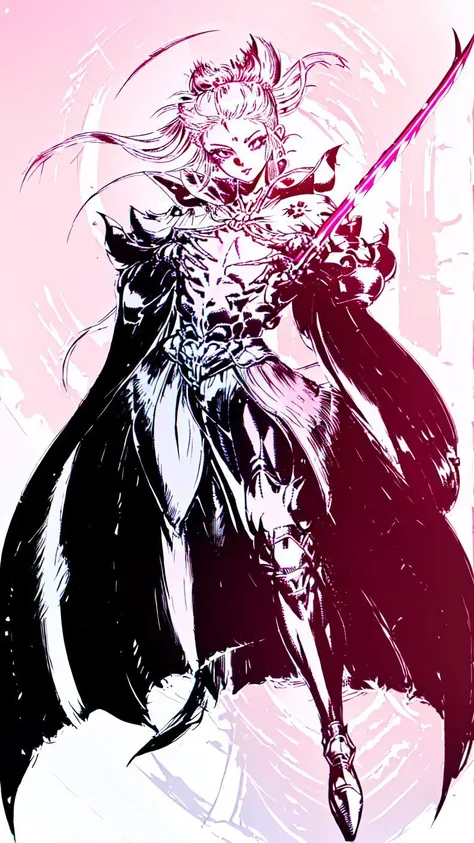 1girl,(((teenager))),(((Solo))),(((detailed eyes))),(((perfect face))),(((perfect hands))),(((nice hands))),(((fflogo))),((white background)),((pink and black gradient)),((short hair, ponytail)),((big chest)),((short)),((armor)),((gauntlets)),((sword)),((cape)),standing,<lora:FF_LoRA:1>,