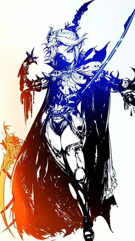 1girl,(((teenager))),(((Solo))),(((detailed eyes))),(((perfect face))),(((perfect hands))),(((nice hands))),(((fflogo))),((white background)),((orange and black gradient)),((short hair, ponytail)),((big chest)),((short)),((armor)),((gauntlets)),((sword)),((cape)),standing,<lora:FF_LoRA:1>,