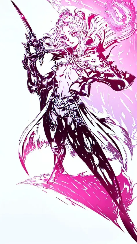 1girl,(((teenager))),(((Solo))),(((detailed eyes))),(((perfect face))),(((perfect hands))),(((nice hands))),(((fflogo))),((white background)),((pink and black gradient)),((short hair, ponytail)),((big chest)),((short)),((armor)),((gauntlets)),((sword)),((cape)),standing,<lora:FF_LoRA:1>,