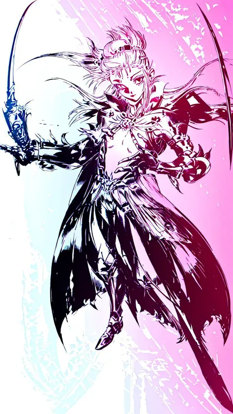 1girl,(((teenager))),(((Solo))),(((detailed eyes))),(((perfect face))),(((perfect hands))),(((nice hands))),(((fflogo))),((white background)),((pink and black gradient)),((short hair, ponytail)),((big chest)),((short)),((armor)),((gauntlets)),((sword)),((cape)),standing,<lora:FF_LoRA:1>,
