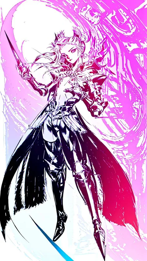 1girl,(((teenager))),(((Solo))),(((detailed eyes))),(((perfect face))),(((perfect hands))),(((nice hands))),(((fflogo))),((white background)),((pink and black gradient)),((short hair, ponytail)),((big chest)),((short)),((armor)),((gauntlets)),((sword)),((cape)),standing,<lora:FF_LoRA:1>,