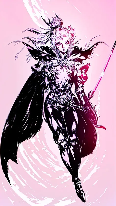 1girl,(((teenager))),(((Solo))),(((detailed eyes))),(((perfect face))),(((perfect hands))),(((nice hands))),(((fflogo))),((white background)),((pink and black gradient)),((short hair, ponytail)),((big chest)),((short)),((armor)),((gauntlets)),((sword)),((cape)),standing,<lora:FF_LoRA:1>,