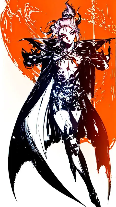 1girl,(((teenager))),(((Solo))),(((detailed eyes))),(((perfect face))),(((perfect hands))),(((nice hands))),(((fflogo))),((white background)),((orange and black gradient)),((short hair, ponytail)),((big chest)),((short)),((armor)),((gauntlets)),((sword)),((cape)),standing,<lora:FF_LoRA:1>,