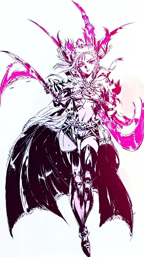 1girl,(((teenager))),(((Solo))),(((detailed eyes))),(((perfect face))),(((perfect hands))),(((nice hands))),(((fflogo))),((white background)),((pink and black gradient)),((short hair, ponytail)),((big chest)),((short)),((armor)),((gauntlets)),((sword)),((cape)),standing,<lora:FF_LoRA:1>,