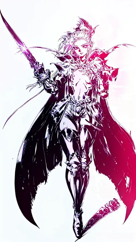 1girl,(((teenager))),(((Solo))),(((detailed eyes))),(((perfect face))),(((perfect hands))),(((nice hands))),(((fflogo))),((white background)),((pink and black gradient)),((short hair, ponytail)),((big chest)),((short)),((armor)),((gauntlets)),((sword)),((cape)),standing,<lora:FF_LoRA:1>,