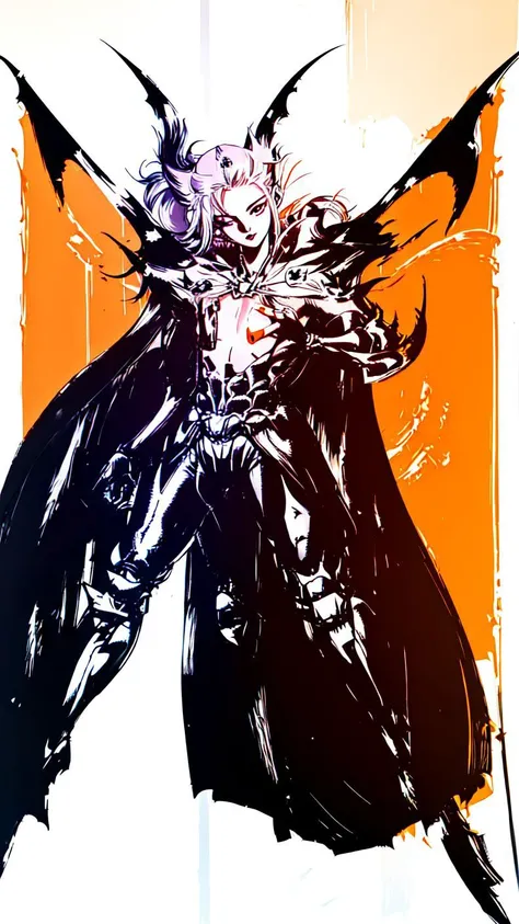 1girl,(((teenager))),(((Solo))),(((detailed eyes))),(((perfect face))),(((perfect hands))),(((nice hands))),(((fflogo))),((white background)),((orange and black gradient)),((short hair, ponytail)),((big chest)),((short)),((armor)),((gauntlets)),((sword)),((cape)),standing,<lora:FF_LoRA:1>,