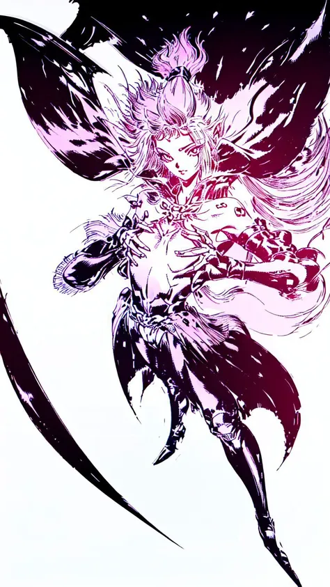 1girl,(((teenager))),(((Solo))),(((detailed eyes))),(((perfect face))),(((perfect hands))),(((nice hands))),(((fflogo))),((white background)),((pink and black gradient)),((short hair, ponytail)),((big chest)),((short)),((armor)),((gauntlets)),((sword)),((cape)),standing,<lora:FF_LoRA:1>,