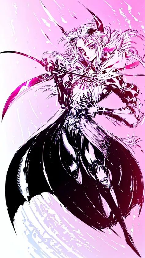 1girl,(((teenager))),(((Solo))),(((detailed eyes))),(((perfect face))),(((perfect hands))),(((nice hands))),(((fflogo))),((white background)),((pink and black gradient)),((short hair, ponytail)),((big chest)),((short)),((armor)),((gauntlets)),((sword)),((cape)),standing,<lora:FF_LoRA:1>,