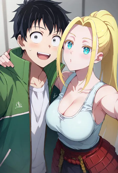selfie, 1girl, 1boy, BREAK
tendouakira, white shirt, green jacket, open jacket, and
beatrixamerhauser, white tank top, bare shoulders, BREAK
<lora:zom100_ponyxl_v4:1>, score_9, score_8_up, score_7_up, score_6_up, anime