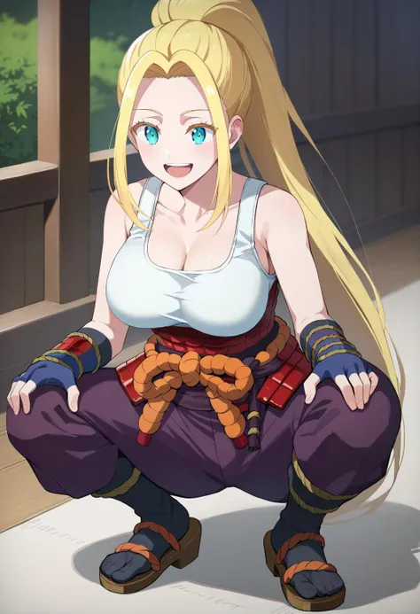 beatrixamerhauser, white tank top, fingerless gloves, kusazuri, purple pants, japanese armor, black socks, BREAK
full body, squatting, :d, open mouth, smile, BREAK
<lora:zom100_ponyxl_v4:0.9>, score_9, score_8_up, score_7_up, anime