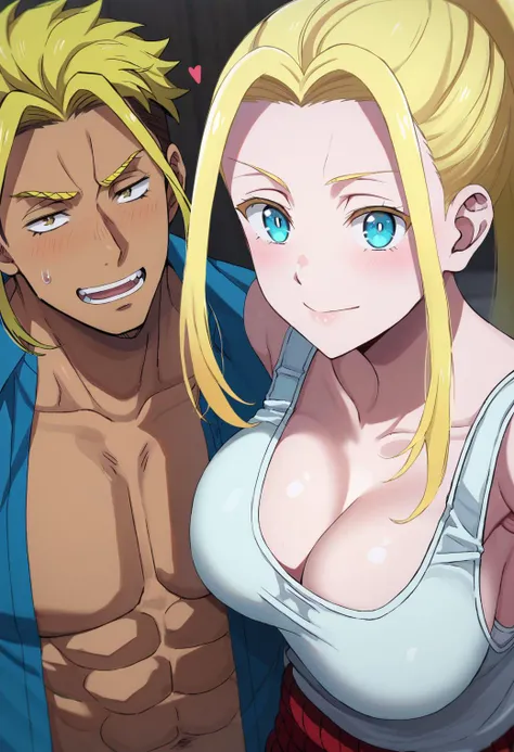 selfie, 1girl, 1boy, hugging, BREAK
ryuuzakikenichiro, blue shirt, open shirt, and
beatrixamerhauser, white tank top, bare shoulders, BREAK
<lora:zom100_ponyxl_v4:1>, score_9, score_8_up, score_7_up, score_6_up, anime